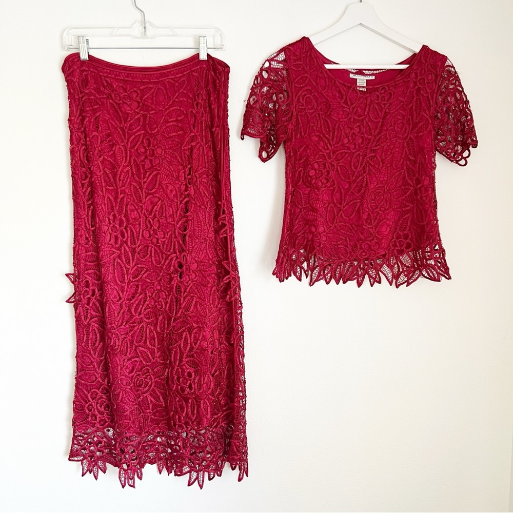 Vintage Silken Poetry Silk Skirt Top Outfit Crochet Beads Red Floral Size Small